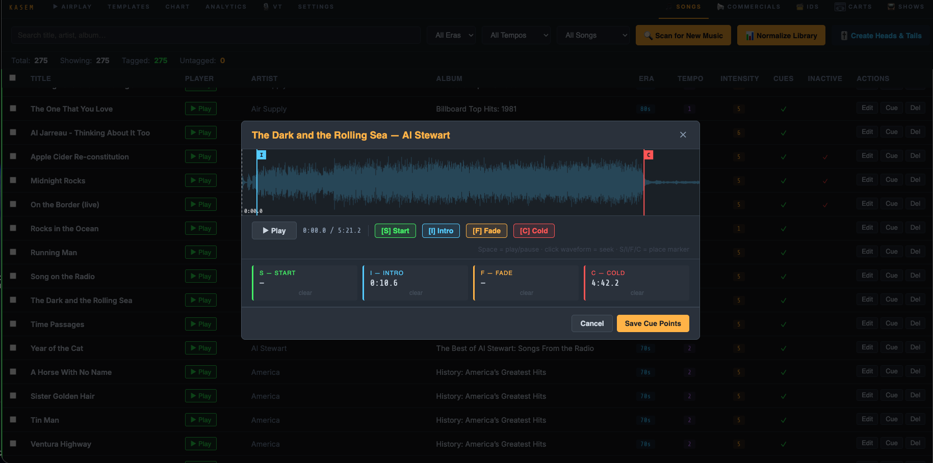 Cue point editor with waveform