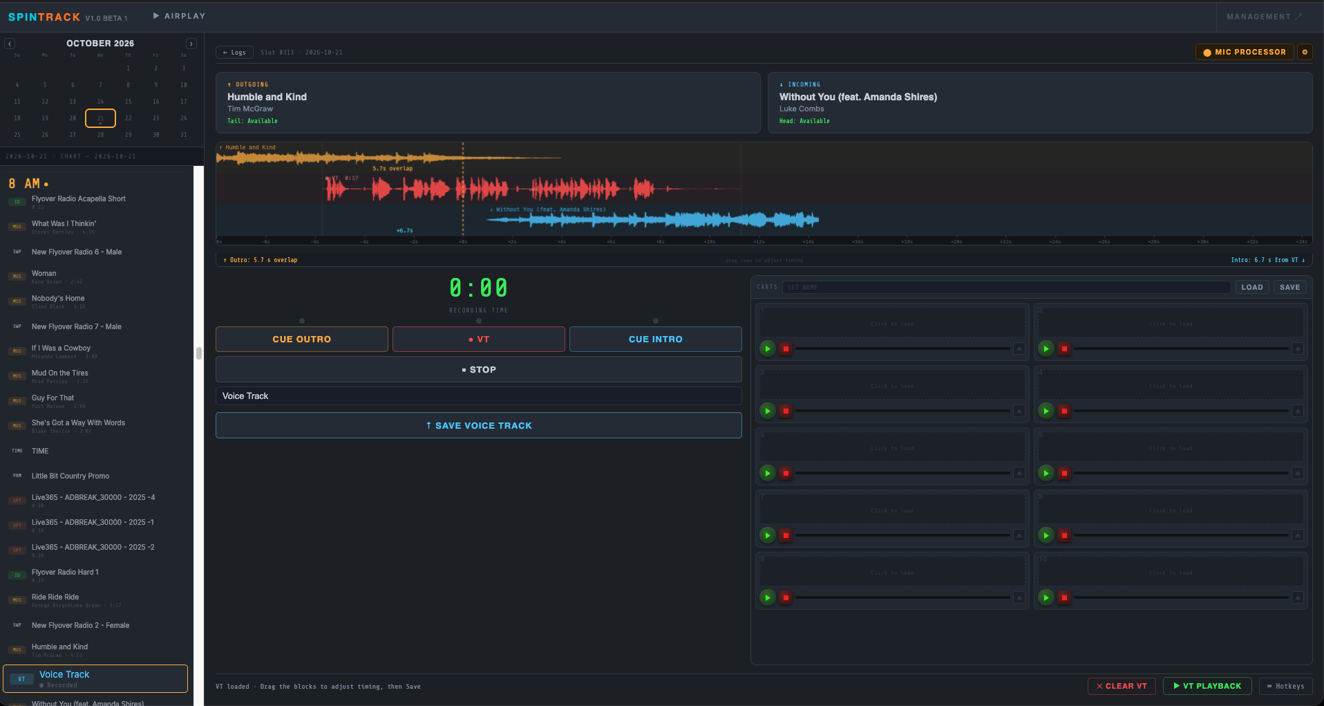 Voice track studio with dual waveforms and cart panel