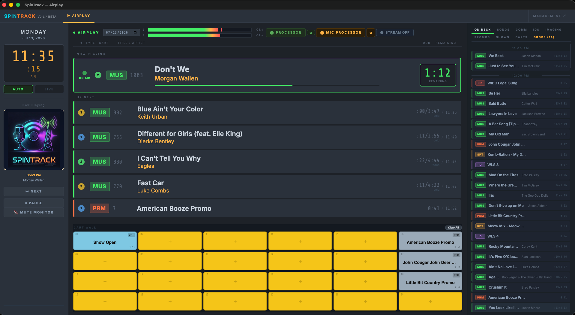 SpinTrack on-air view showing now playing, up next queue, live levels, and cart wall