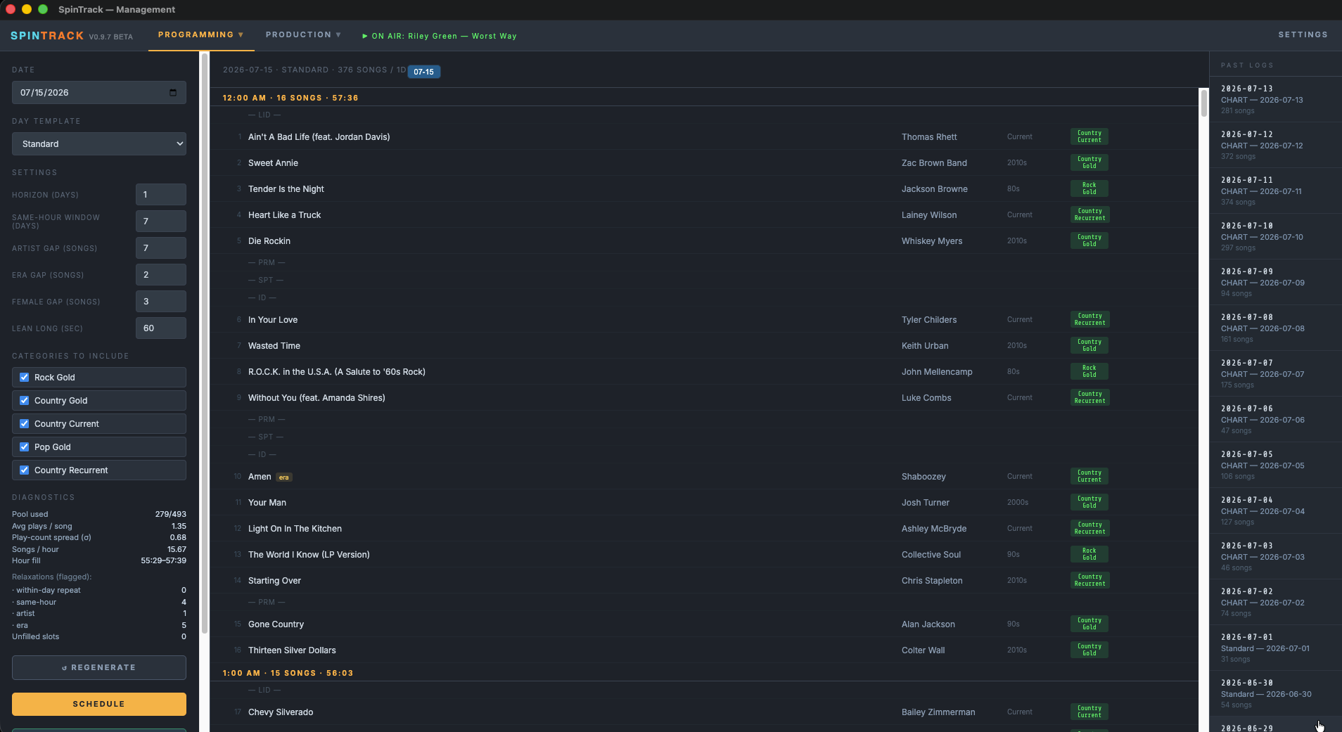 CHART AI scheduler with separation settings, diagnostics, and a generated daily log