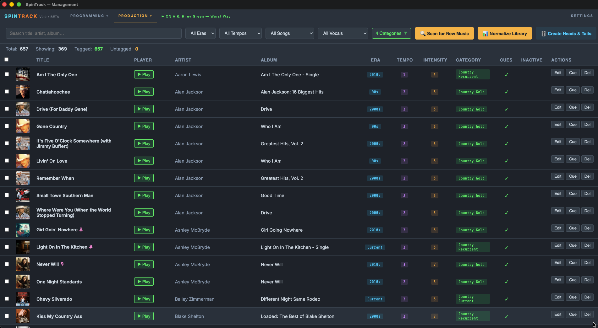 Music library with era, tempo, intensity, and category tagging for every song