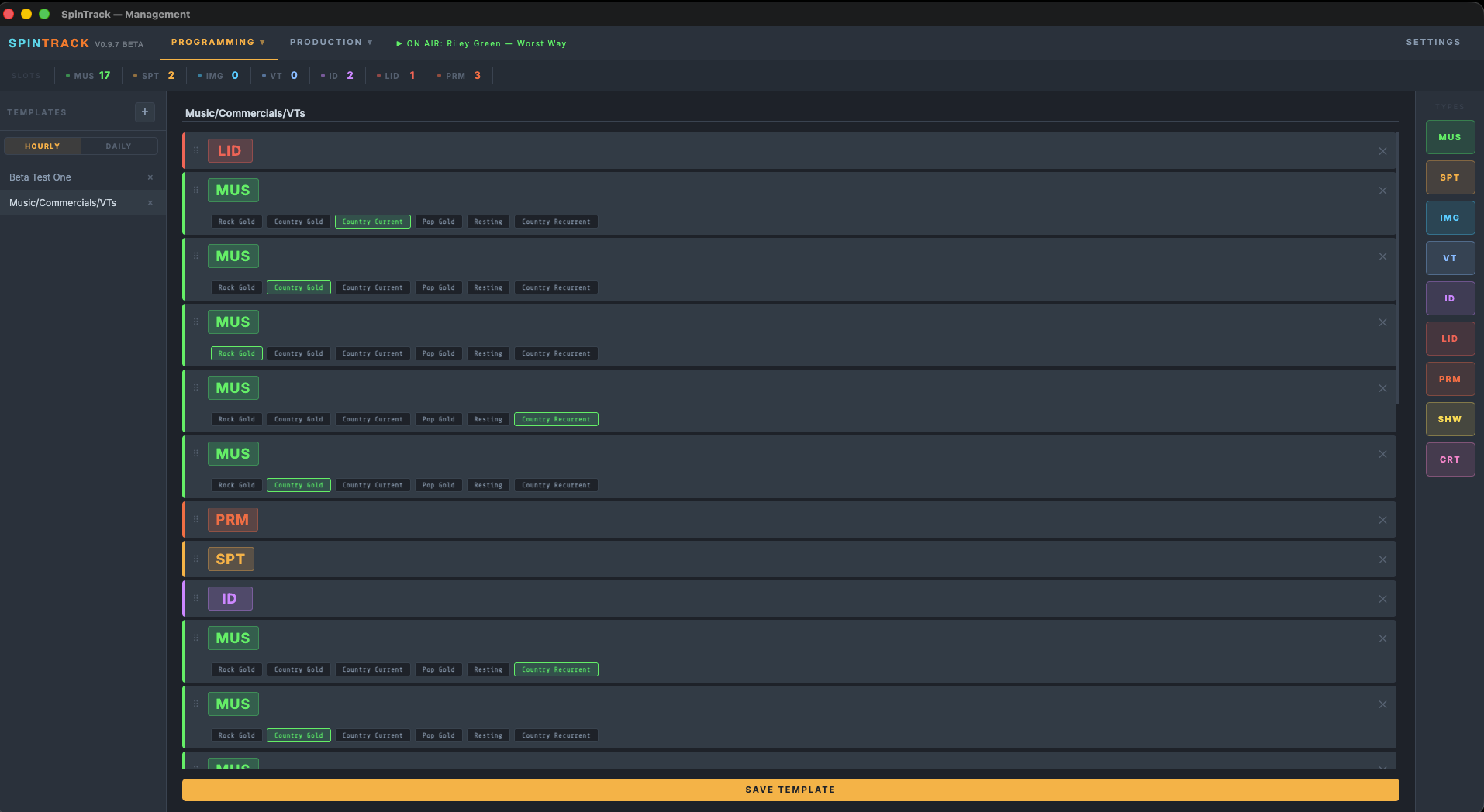 Hour template builder with drag-and-drop music, commercial, ID, and promo slots