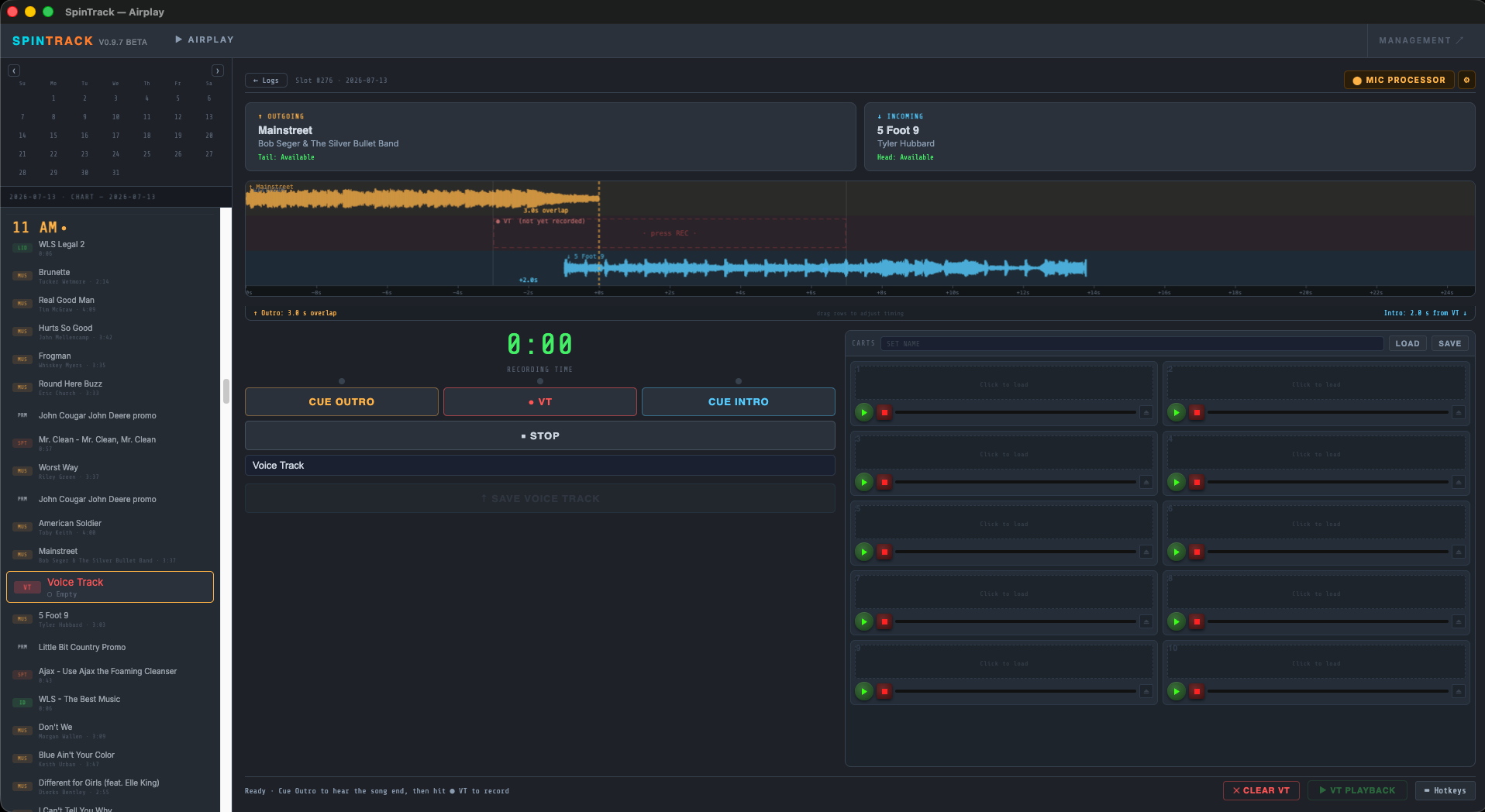 Voice track recorder showing outgoing and incoming song waveforms with overlap timing
